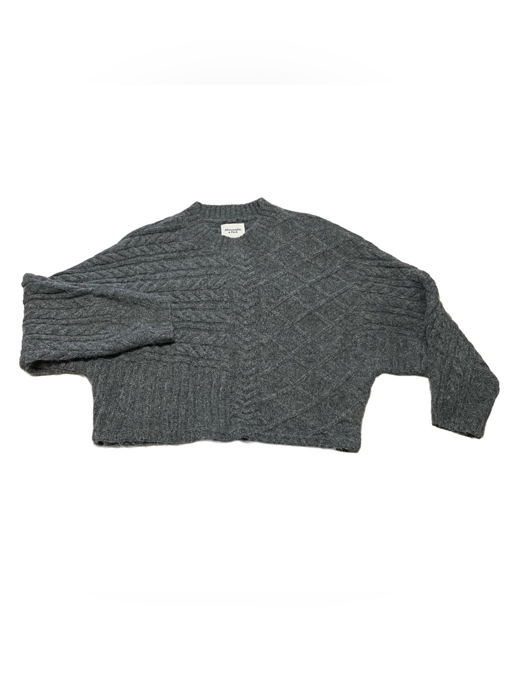 Abercrombie & Fitch Gray Oversized Cable-Knit Cropped Crew Sweater